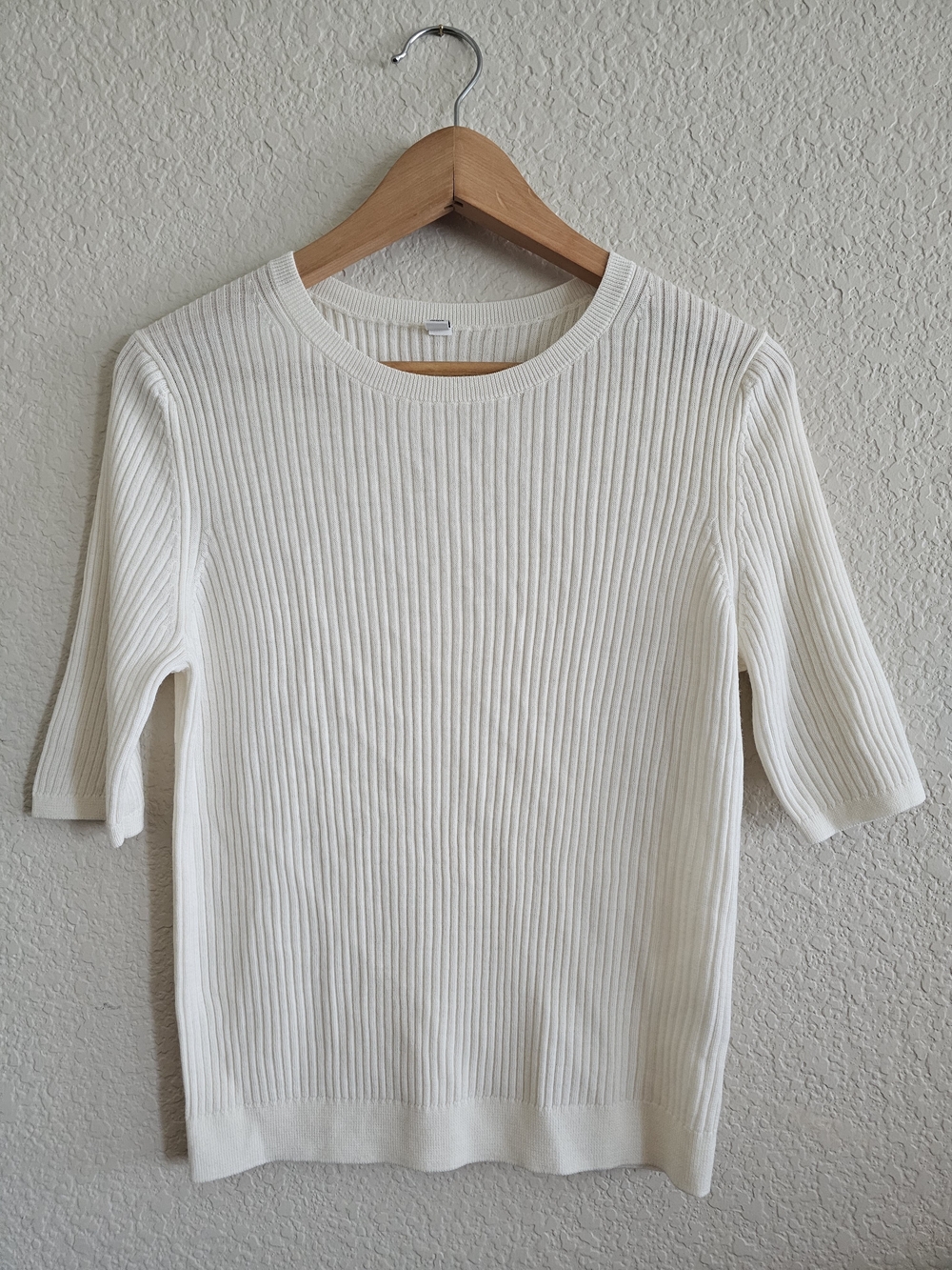 UNIQLO Extra Fine Merino Wool Ribbed Half Sleeve Sweater Cream Off White XL